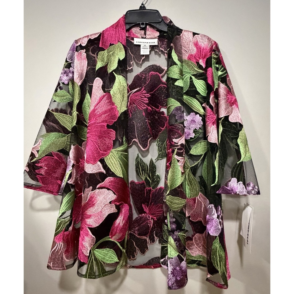 Caroline Rose NWT Woman Extra Small Sheer Black Embroidered Swing Cardigan